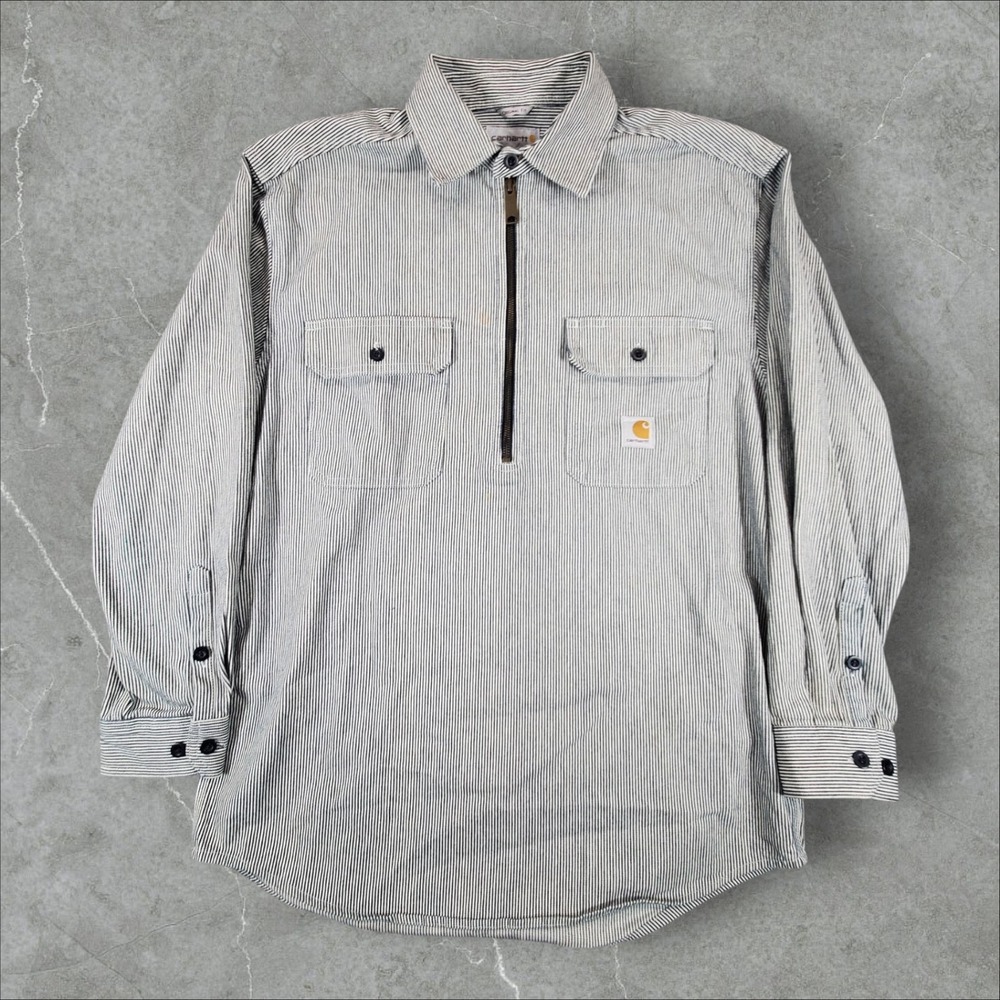 Carhartt Work Shirt Mens Medium Blue White Hickory Stripe Quarter Zip 100092 965